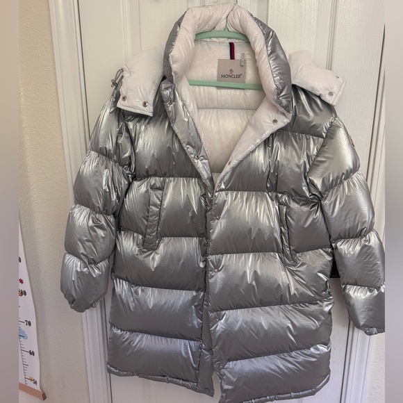 Moncler Silver Puffer Jacket with High Collar